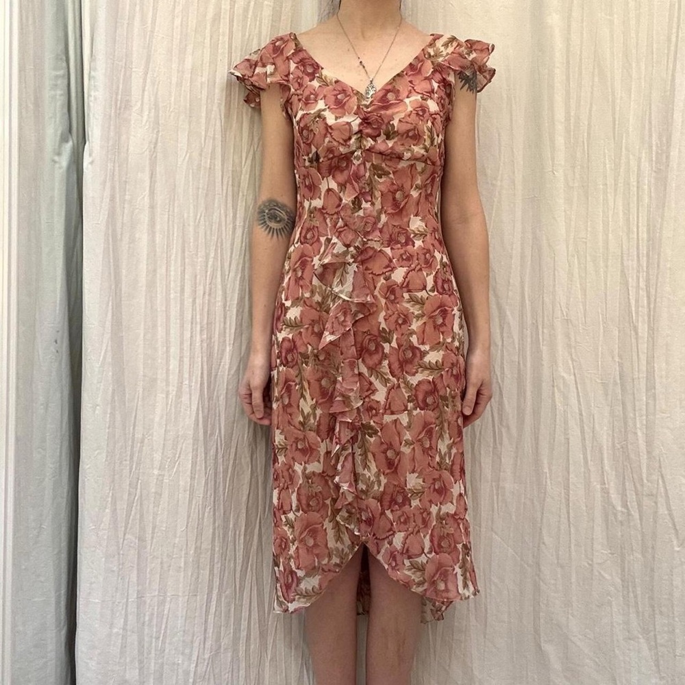 Pink Floral Chiffon‎ Ruffle Midi Dress Vintage 90s/Y2K Coquette Boho